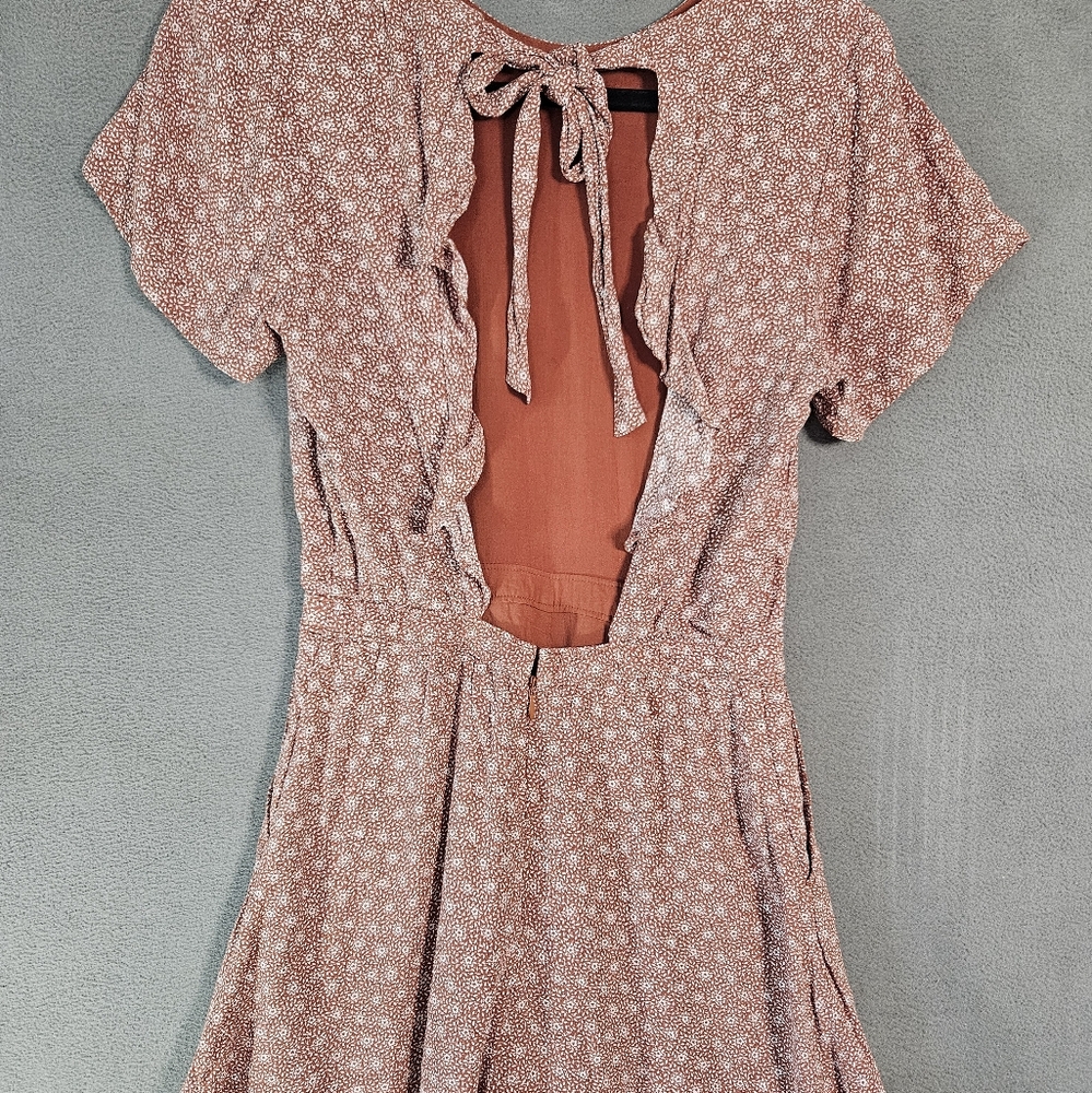 Abercrombie Fitch Small Romper Preppy Open Back Brown Floral Ruffle Cottagecore